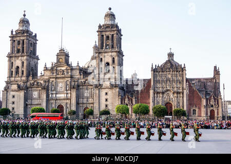 Mexico City,Mexican,Hispanic,historic Center Centre,Plaza de la Constitucion Constitution Zocalo,flag lowering ceremony,view of Metropolitan Cathedral Stock Photo