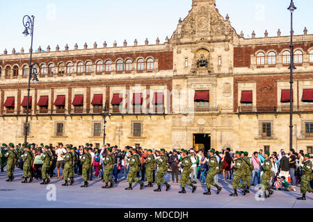 Mexico City,Mexican,Hispanic,historic Center Centre,Plaza de la Constitucion Constitution Zocalo,flag lowering ceremony,National Palace,military parad Stock Photo
