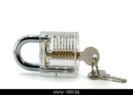 Transparent padlock with keys isolated on white background Stock Photo