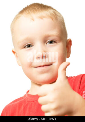 Portrait of happy boy showing thumbs up gesture, isolated over white background Stock Photo