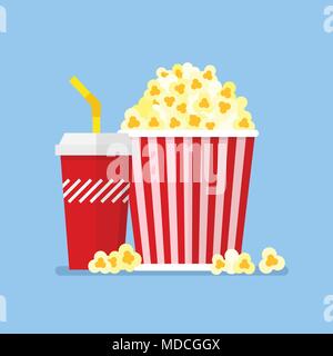 Popcorn snack and drink in flat style. Vector illustration Stock Vector