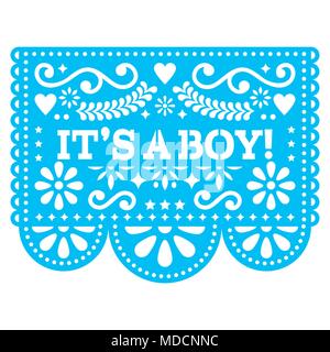 It's a boy Papel Picado vector design - Mexican folk art baby birth greeting card or baby shower invitation. Baby arrival decoration in blue Stock Vector