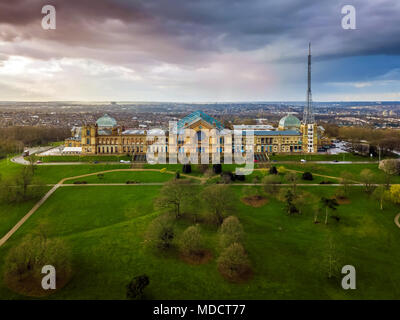 London, England - Aerial panromaic view of Alexandra Palace in Alexandra Park with dramatic clouds behind Stock Photo