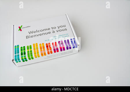 23andme home DNA test kit.  Box containing DNA testing kit by 23andme. Stock Photo