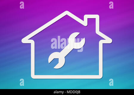 Paper house with wrench, spanner inside on colorful background. Housing, repair concept. Abstract conceptual image