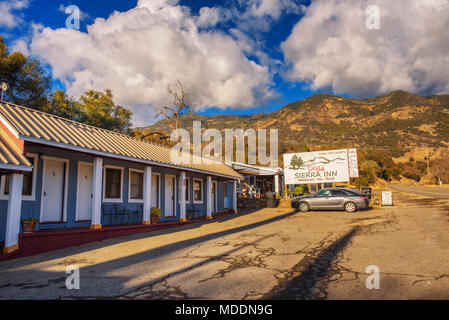 Dunlap, California, USA - January 5, 2018 : Gena's Sierra Inn motel and restaurant located near the entrance of the Sequoia National Park in the beaut Stock Photo