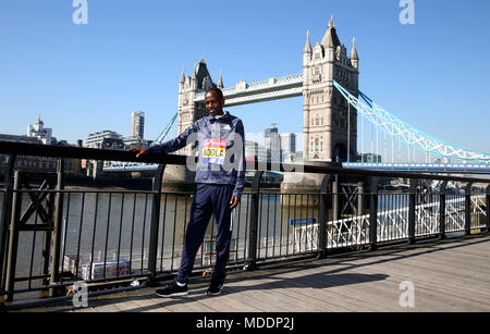 Ethiopia's Guye Adola poses for a picture in front of Tower Bridge during the media day at the Tower Hotel, London. PRESS ASSOCIATION Photo. Picture date: Thursday April 19, 2018. See PA story Athletics Marathon. Photo credit should read: Steven Paston/PA Wire Stock Photo