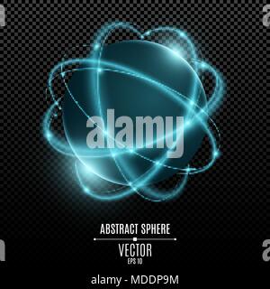 Abstract futuristic sphere on a transparent background. A glowing planet. Neon double lines. Blue flashes of light. Graphic element for your design. H Stock Vector