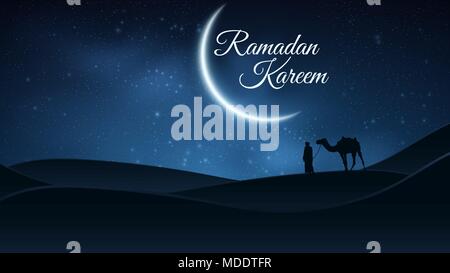 Background for Ramadan Kareem. Night landscape. Muslim Religion Holy Month. Arab stands with a camel in the desert. The starry sky. Bright moon. Vecto Stock Vector