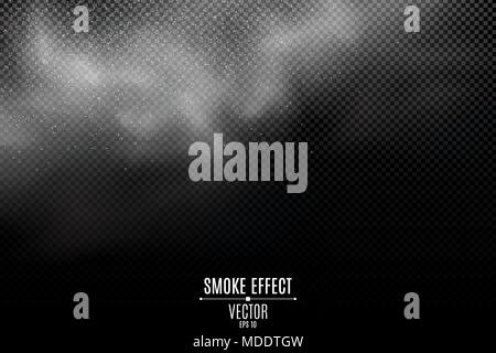 Thick smoke on a transparent dark background. Light mist. Smoke from the fire. White dust. Thick cloud. Steam on top. Smoke effect for your design. Ve Stock Vector