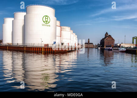 Berlin-Moabit,Westhafen,West Harbour,UNITANK oil tanks brick adninistration building with tower & old brick Granary now a library. Stock Photo