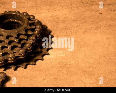 bike gear on wooden table Stock Photo