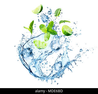 Water Splash With Mint Leaves, Ice Cubes And Slices Of Lime Stock Photo