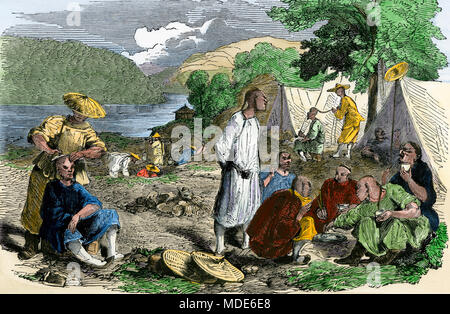 Chinese immigrant prospectors' camp in the California Gold Rush, 1850s. Hand-colored woodcut Stock Photo