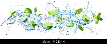 Water Splash With Mint Leaves And Slices Of Lime Stock Photo
