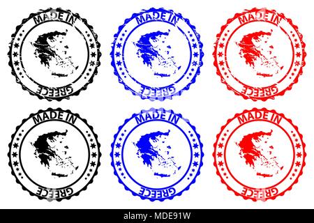 Made in Greece - rubber stamp - vector, Greece map pattern - black, blue and red Stock Vector