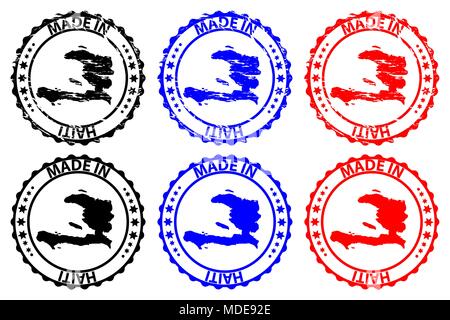 Made in Haiti - rubber stamp - vector, Haiti map pattern - black, blue and red Stock Vector