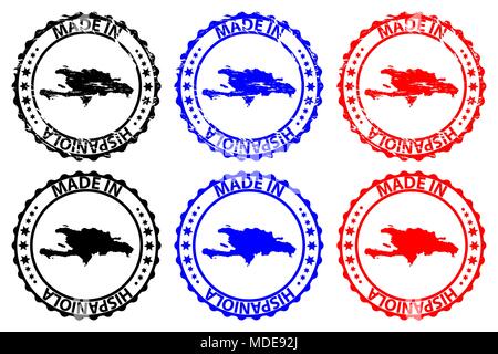 Made in Hispaniola - rubber stamp - vector, Hispaniola map pattern - black, blue and red Stock Vector