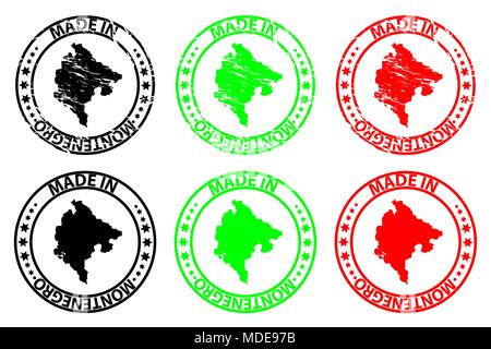 Made in Montenegro - rubber stamp - vector, Montenegro map pattern - black, green and red Stock Vector