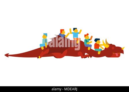 Dragon and children play horse. Kids are sitting on mythical monster. Stock Vector