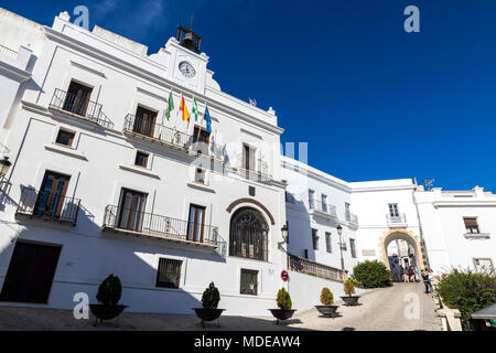 Vejer de la Frontera, Spain. A Spanish hilltop white town in the province of Cadiz, Andalusia. Views of the Town Hall and the Arco de la Villa gate Stock Photo