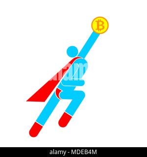 Bitcoinman flying up. Superhero Pictogram. Super hero sign and crypto currency symbol. Vector illustration Stock Vector