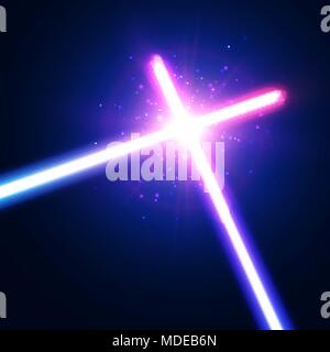 Crossing laser sabers war. Glowing rays in space. Abstract background with two crossed light neon swords fight. Battle with star, flash and particles. Club logo or emblem. Colorful vector illustration Stock Vector