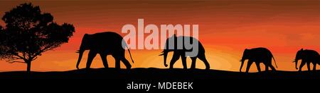 Elephants silhouette and tree in the savannah on beautiful on sunset, vector illustration Stock Vector