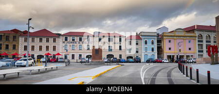 Colourful Historic sandstone warehouses on Macquarie Wharf at Hobart waterfront , Tasmania, Australia Stock Photo