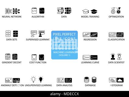 Pixel perfect thin line icons and symbols for machine learning / deep learning / artificial intelligence. Stock Vector