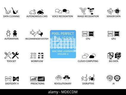 Pixel perfect thin line icons and symbols for machine learning / deep learning / artificial intelligence. Stock Vector