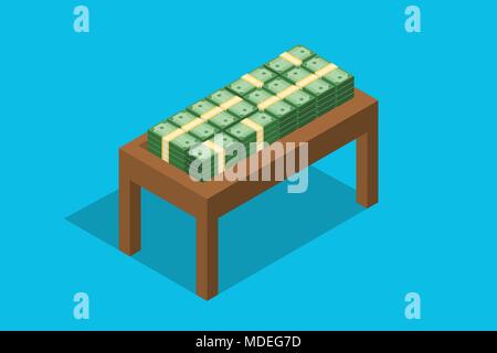 cash stack money on top of wooden table flat style Stock Vector