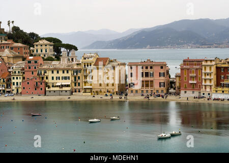 A spit of land separates the Baio di Silenzio aka Portobello from Baia delle Favole - Fairytale Bay. Stock Photo