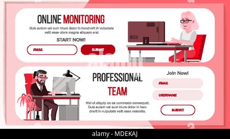 Horizontal Banners Website Design Vector. Business Landing. Responsive Banner Interface. Onboarding Screen. Cartoon Person. Brainstorming Communication. Illustration Stock Vector