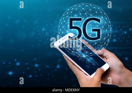 Business people use global communication phones in the 5g system Stock Photo