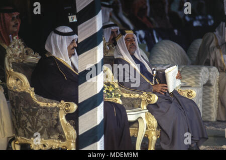 Manama, Bahrain - 26 November 1986 - King Fahd bin Abdulaziz Al Saud and His Royal Highness Shaikh Isa bin Salman Al Khalifa, Emir of the State of Bahrain, at the opening ceremony of the $800 million causeway connecting Bahrain and Saudi Arabia, built by Dutch company Ballast Nedam. Stock Photo