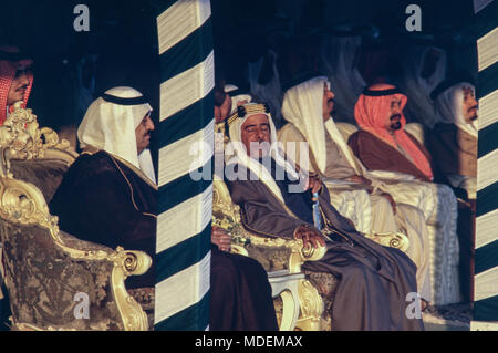 Manama, Bahrain - 26 November 1986 - King Fahd bin Abdulaziz Al Saud and His Royal Highness Shaikh Isa bin Salman Al Khalifa, Emir of the State of Bahrain, at the opening ceremony of the $800 million causeway connecting Bahrain and Saudi Arabia, built by Dutch company Ballast Nedam. Stock Photo