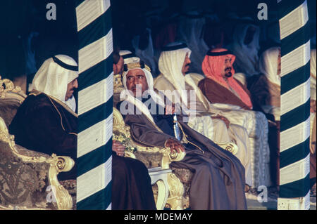 Manama, Bahrain - 26 November 1986 - King Fahd bin Abdulaziz Al Saud and His Royal Highness Shaikh Isa bin Salman Al Khalifa, Emir of the State of Bahrain, at the opening ceremony of the $800 million causeway connecting Bahrain and Saudi Arabia, built by Dutch company Ballast Nedam. Stock Photo