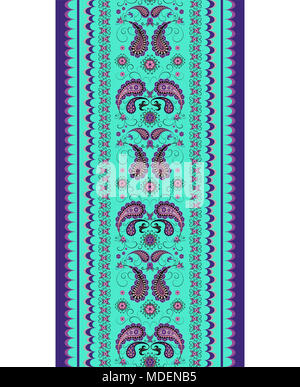 Pink paisley pattern on a turquoise background. Seamless borders isolated on white Stock Photo