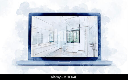 Digital Artwork sketch of a modern laptop and dreaming Illustration sketch of a Bathroom Stock Photo