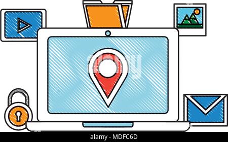 laptop with pointer map social media icons Stock Vector