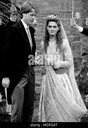Viscount Althorp alongside his bride Victoria Lockwood after their wedding ceremony at St. Mary's Church in Great Brington, Northamptonshire. Stock Photo