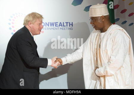 Foreign Secretary Boris Johnson holds a bilateral meeting with Prime Minister of Cameroon Philemon Yang at Lancaster House in London during the Commonwealth Heads of Government Meeting. Stock Photo