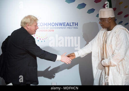 Foreign Secretary Boris Johnson holds a bilateral meeting with Prime Minister of Cameroon Philemon Yang at Lancaster House in London during the Commonwealth Heads of Government Meeting. Stock Photo