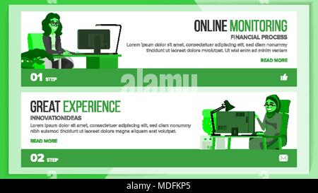 Horizontal Banners Website Design Vector. Business Project. Technical Online Support. Onboarding Screen. Cartoon Team. Evolution System. Illustration Stock Vector