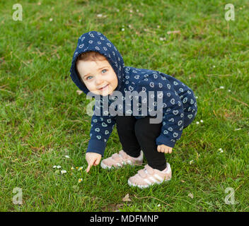 Little baby girl plays happy in the park outdoors in spring and collects daisies. Stock Photo