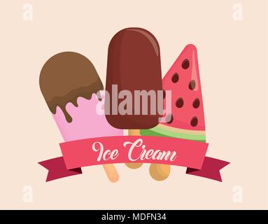 decorative ribbon with ice creams over pink background, colorful design. vector illustration Stock Vector