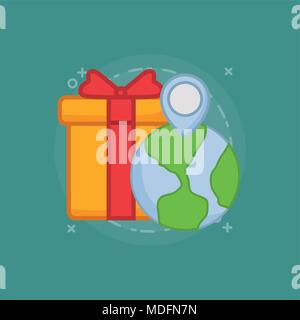 earth planet with gift box and location pin over turquoise background, colorful design. vector illustration Stock Vector