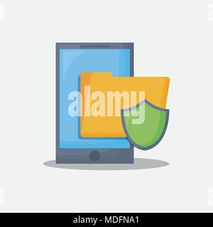 cyber security design with smartphone with folder and shield over white background, colorful design. vector illustration Stock Vector