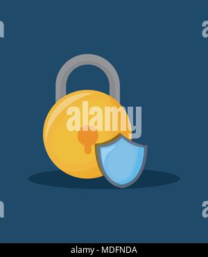 security padlock and shield over blue  background, colorful design. vector illustration Stock Vector